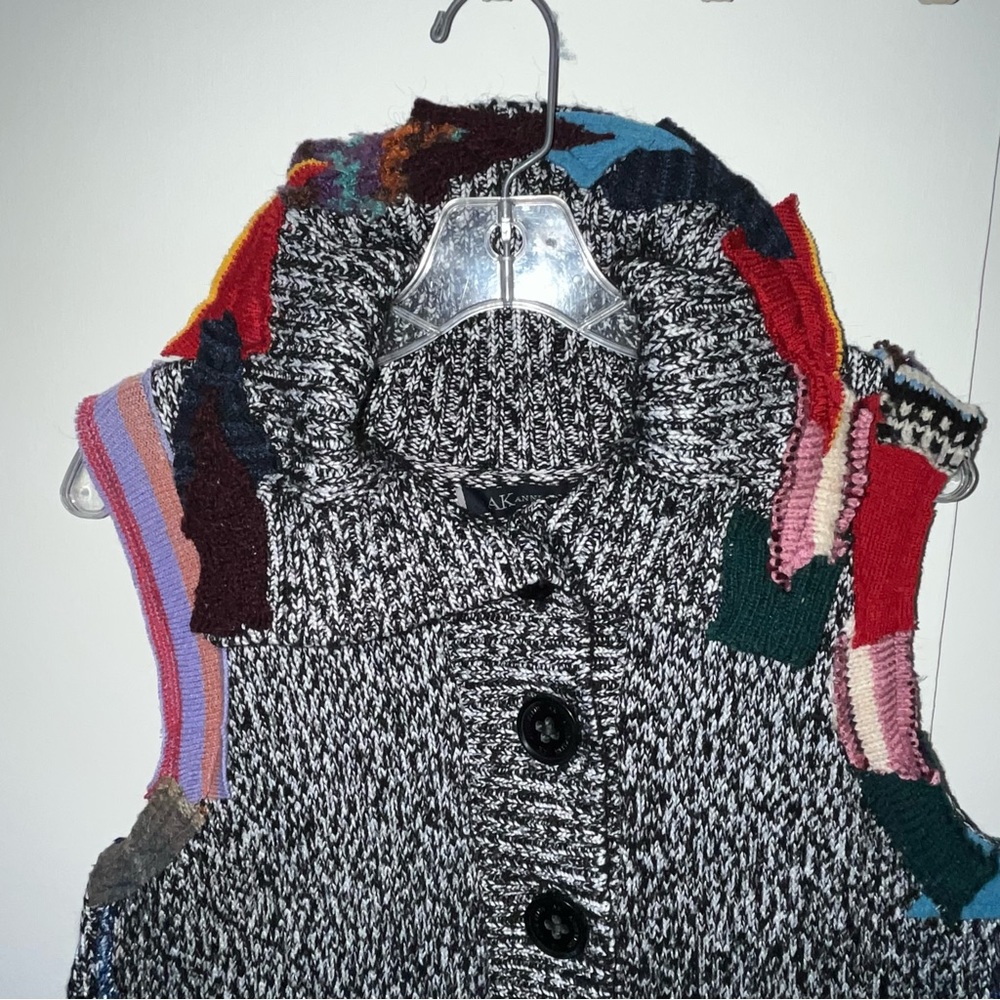 Upcycled Sweater Vest Long Cardi Boho Hippie Tiered Pixie Patchwork Cottage Core - Picture 9 of 14